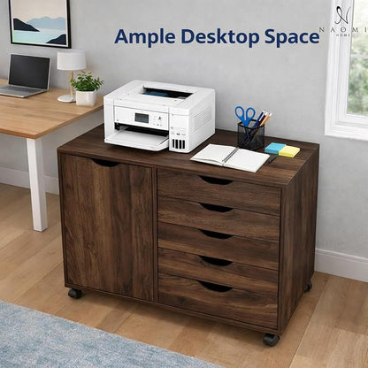 Naomi Home Under Desk Rolling Office File Cabinet with 5 Drawers & Side Storage Cabinet, Mobile Organizer with Shelves & Swivel Casters for Home Office - Brown Oak