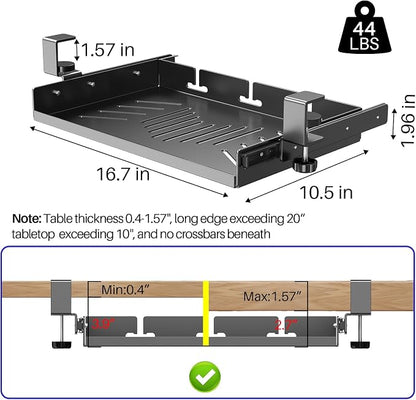 Sliding No Drill Under Desk Laptop Mount, Metal Under Desk Storage Shelf with Cable Management, Slide Out Laptop Storage Tray for MacBook, Mac Mini, Fits Office Workstations(Black with slid rail)