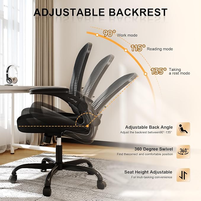 Office Chair, Ergonomic Desk Chairs 330LBS Capacity High Back Mesh Computer Chair with Flip-up Armrests, Comfy Work Chair with Adjustable Lumbar Support, Rolling Chair