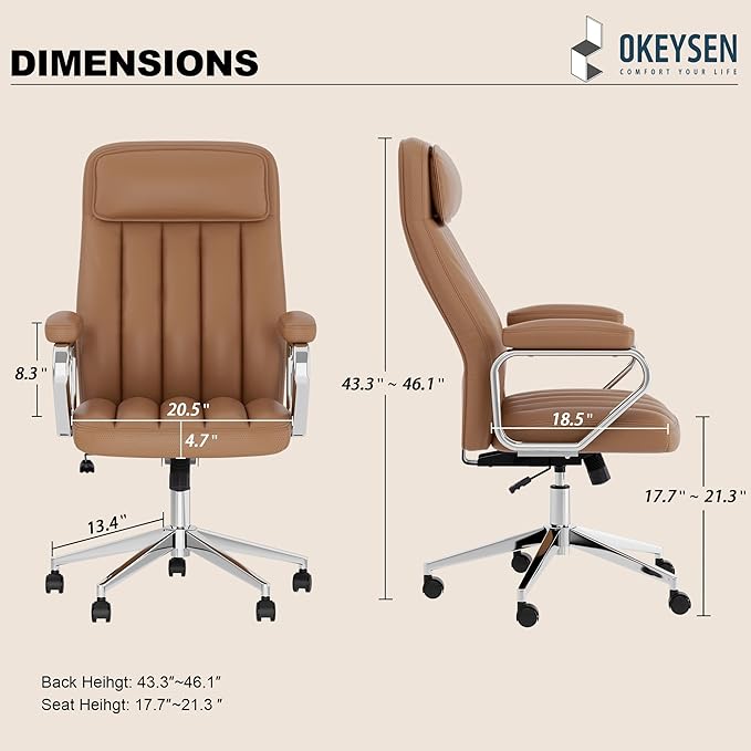 Okeysen Executive Office Chair, Modern Leather Chair with Headrest & Lumbar Support, High Back Ergonomic Chair with Padded Armrests & Seat, Height Adjustable Swivel Rolling Chair for Home Office.