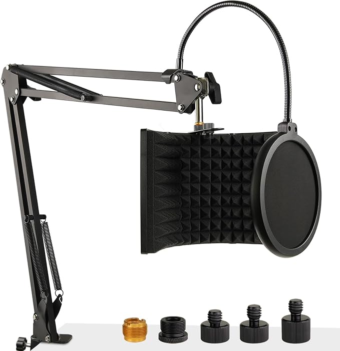 Microphone Isolation Shield with Mic Stand and Pop Filter, Foldable Sound Shield for Most Condenser Microphone Recording Equipment Studio, High Density Absorbent Foam to Filter Vocal by Frgyee