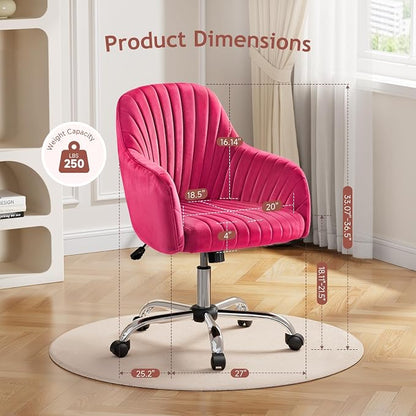 Warmiehomy Velvet Vanity Chair with Wheels, Desk Chair for Home Office, Cozy Office Chair with Arm Rest for Girl Women Bedroom, Hot Pink