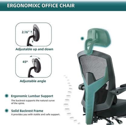 DUMOS Office Desk Computer Chair with Footrest, Ergonomic Mesh Swivel Gaming Chair with Rolling Wheels, Comfortable Headrest, Lumbar Support, Comfy for Home, Office, Task, Student, Inky