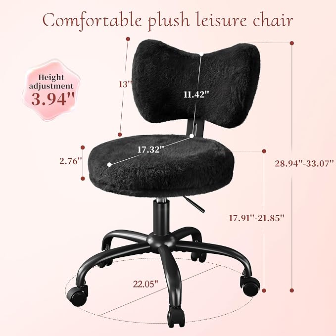 Homkdom Vanity Chair with Wheels, Cute Desk Chair with Bow Backrest, Fluffy Faux Rabbit Fur Small Office Chair for Vanity, Make-up Room, Bedroom, Dorm, Height Adjustable, Black
