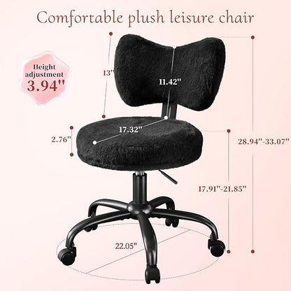 Homkdom Vanity Chair with Wheels, Cute Desk Chair with Bow Backrest, Fluffy Faux Rabbit Fur Small Office Chair for Vanity, Make-up Room, Bedroom, Dorm, Height Adjustable, Black