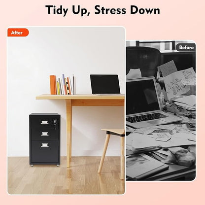 3-Drawer Metal File Cabinet, Mobile File Cabinet with Lock, Rolling Vertical Filing Drawers Under Desk for Home Office, 11 * 16 * 18.3in (Black)