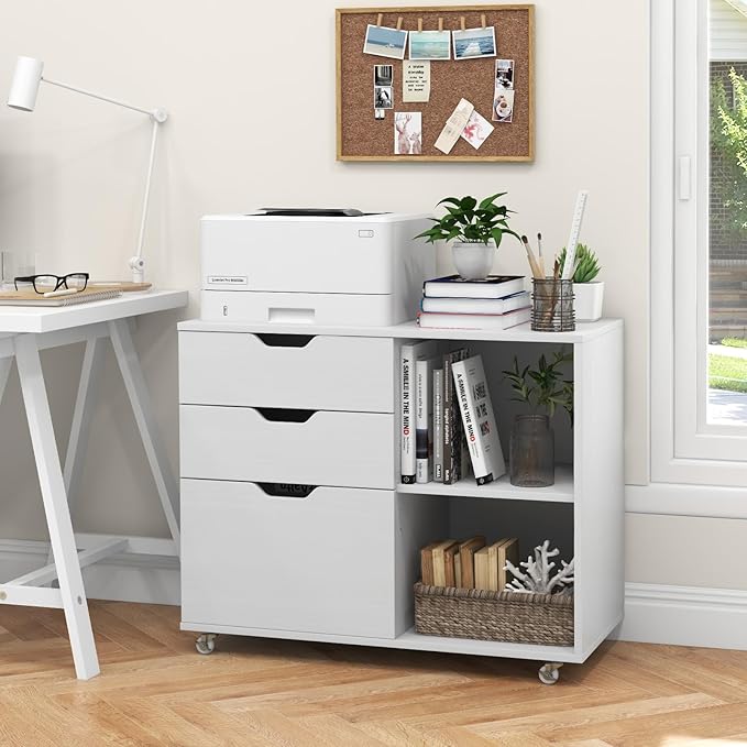 3 Drawer File Cabinet, Wood Lateral Filing Cabinet for Hanging Letter, A4, Legal Size, Rolling Printer Stand with Adjustable Shelf, Under Desk Storage for Home Office (White)