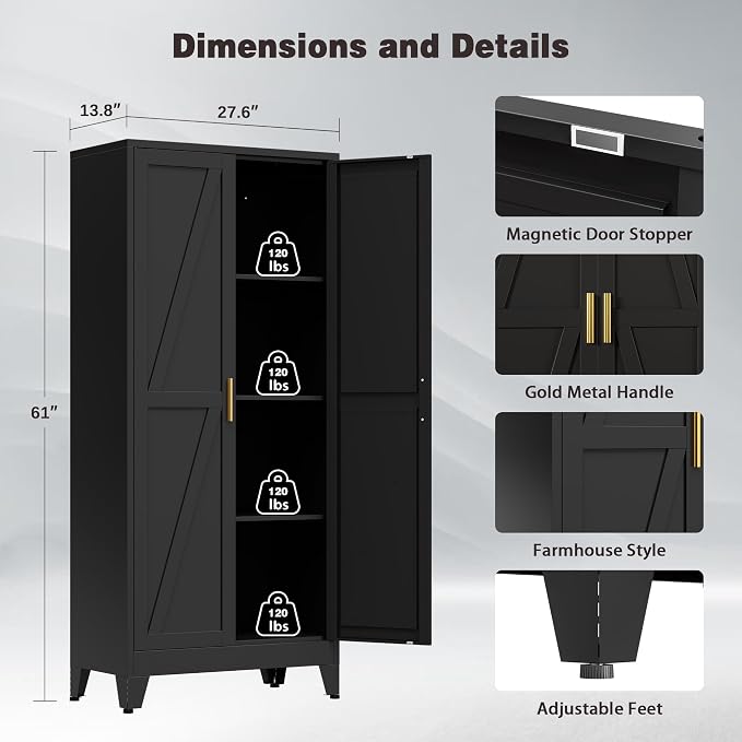 61" Tall Metal Pantry Cabinet, Kitchen Storage Cabinet with 2 Doors and 3 Adjustable Shelves for Kitchen, Living Room, Dining Room, Bathroom and Home, Office (Black, 1PC)