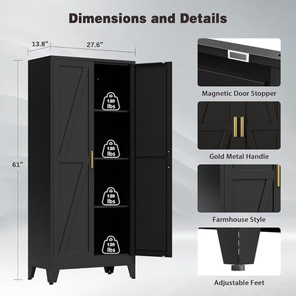 61" Tall Metal Pantry Cabinet, Kitchen Storage Cabinet with 2 Doors and 3 Adjustable Shelves for Kitchen, Living Room, Dining Room, Bathroom and Home, Office (Black, 1PC)