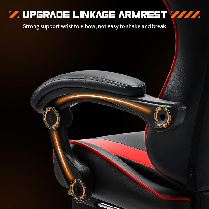 NEWBULIG Computer Gaming Desk Chair - High Back Ergonomic Lumbar Support with Footrest and Headrest, Comfy PU Leather Recliner with Linkage Armrest, Height Adjustable and 360° Swivel, Red