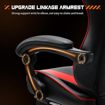 NEWBULIG Computer Gaming Desk Chair - High Back Ergonomic Lumbar Support with Footrest and Headrest, Comfy PU Leather Recliner with Linkage Armrest, Height Adjustable and 360° Swivel, Red