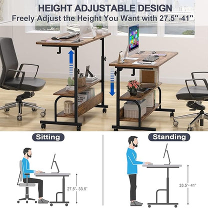 Armocity Rolling Standing Desk with Charging Station, Portable Height Adjustable Mobile Computer Desk with Wheels & 2-Tier Shelves & Hooks, Easy Assembly Laptop Table for Couch Bed, 39" Rustic Brown