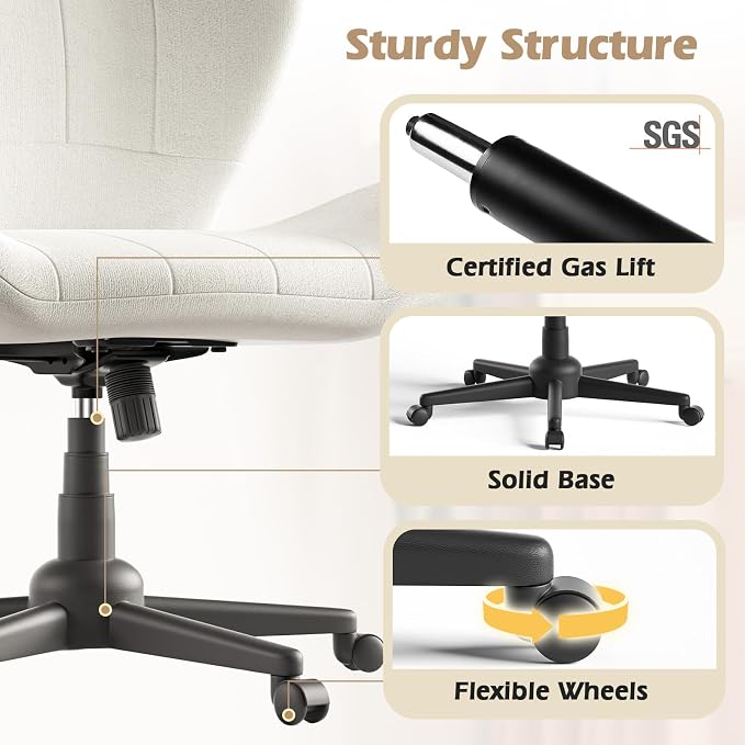 ZZW Criss Cross Chair with Wheels, Wide Cross Legged Office Chair Armless Comfy Desk Chair with Tall Back Vanity Chairs with Stress Relief Curved Design Seat for Bedroom & Office & Home Ivory White