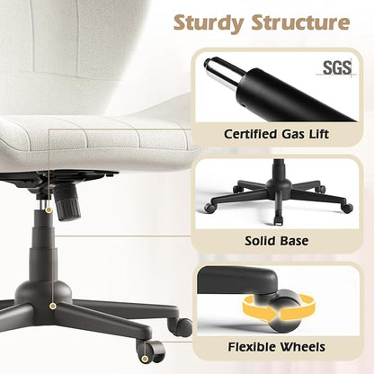 ZZW Criss Cross Chair with Wheels, Wide Cross Legged Office Chair Armless Comfy Desk Chair with Tall Back Vanity Chairs with Stress Relief Curved Design Seat for Bedroom & Office & Home Ivory White