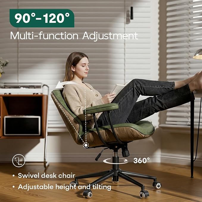Office Desk Chair with Rubber Casters and Padded Arms, Premium Olive Green Faux Leather Computer Chair, Height Adjustable Vintage Rolling Swivel Executive Task Chair for Home Office