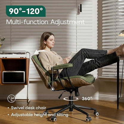 Office Desk Chair with Rubber Casters and Padded Arms, Premium Olive Green Faux Leather Computer Chair, Height Adjustable Vintage Rolling Swivel Executive Task Chair for Home Office