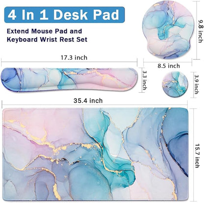 4-in-1 Gaming Mouse Pad Wrist Support Set，Desk Pad + Mouse Pad with Wrist Rest + Keyboard Wrist Rest + Coaster, Ergonomic Design for Home Office Study Game - Blue Marble
