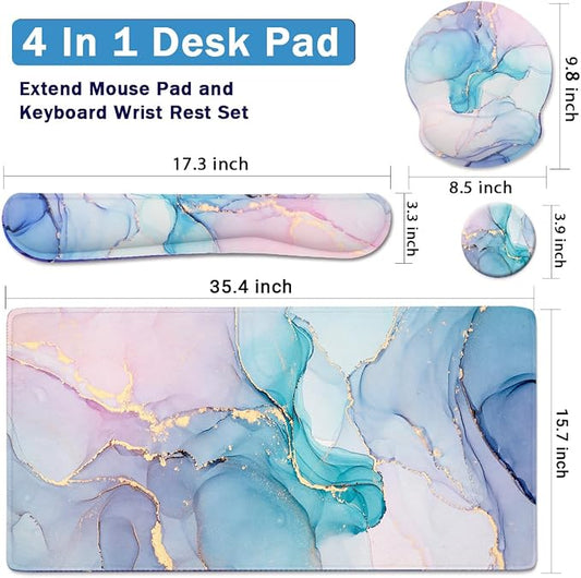 4-in-1 Gaming Mouse Pad Wrist Support Set，Desk Pad + Mouse Pad with Wrist Rest + Keyboard Wrist Rest + Coaster, Ergonomic Design for Home Office Study Game - Blue Marble
