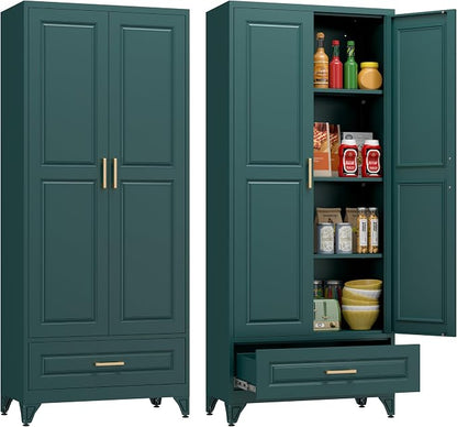 Polup Metal Storage Cabinet,75" Tall Kitchen Pantry Storage Cabinet with Doors and Adjustable Shelves, Green Metal Pantry Cabinets with Drawer, Large Cupboard for Kitchen, Dining Living Room