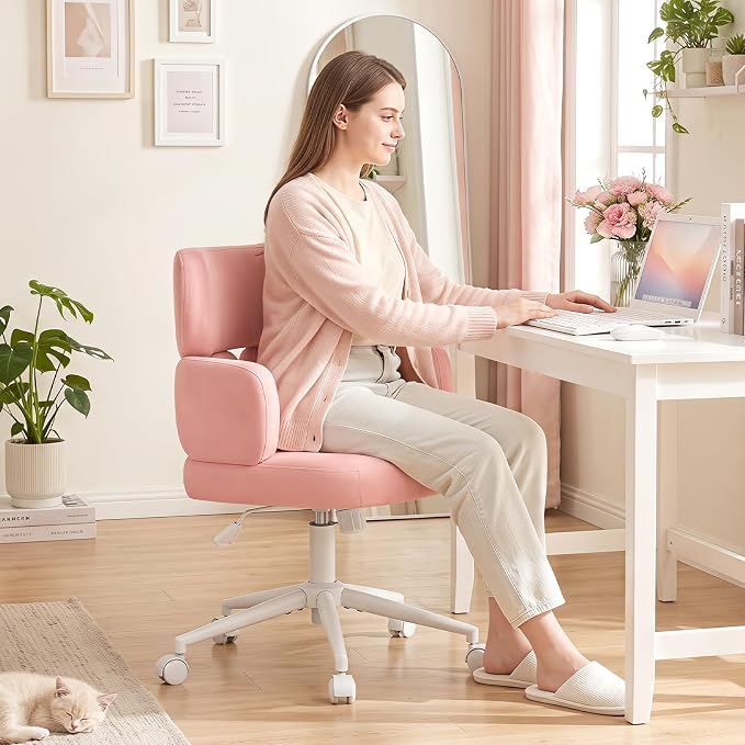 Home Office Chair, Pink Desk Chair with Unique Curved Back and Wide Seat, Swivel Tilt Height Adjustable Computer Chair with Wheels, Plush Velvet Fabric for Vanity, Metal Base