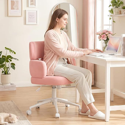 Home Office Chair, Pink Desk Chair with Unique Curved Back and Wide Seat, Swivel Tilt Height Adjustable Computer Chair with Wheels, Plush Velvet Fabric for Vanity, Metal Base