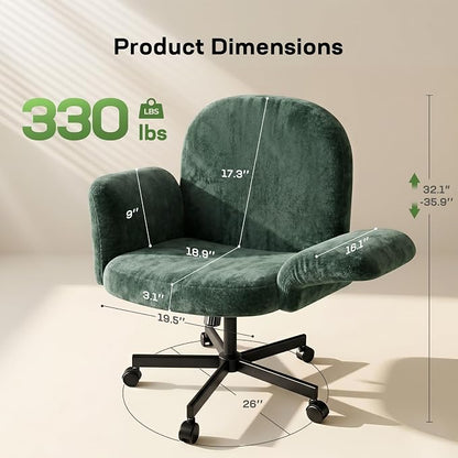 Marsail Criss Cross Office Chair with Adjustable Armrests & Wheels, Vanity Chair with Wide Cushion, Reclining Back, Soft Chenille Fabric, Desk Chair for Home Office, Makeup Room, Bedroom, Green