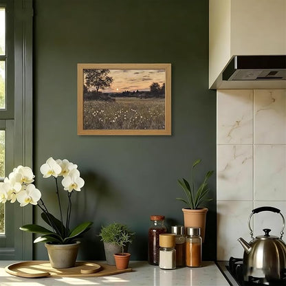 CXQILVER Vintage Framed Meadow Sunset Wall Art, Rustic Twilight Field Landscape Canvas Wall Decor Wildflowers Firefly Poster Print Farmhouse Nature Painting Artwork for Living Room Bedroom 8x10 Inch