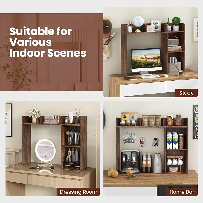 LDAILY Desktop Shelf, Multipurpose Wood Desk Hutch for Max 27" Computer Monitor, Countertop Storage Hutch with 5 Shelves, 3 Tier Desktop Display Rack for Dorm Office Home (Rustic Brown)