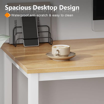 Need Computer Desk, 47 inch Home Office Desk, Modern Simple Style Home Office Gaming Desk, Basic Writing Table for Study Student, White Metal Frame, Teak Tabletop