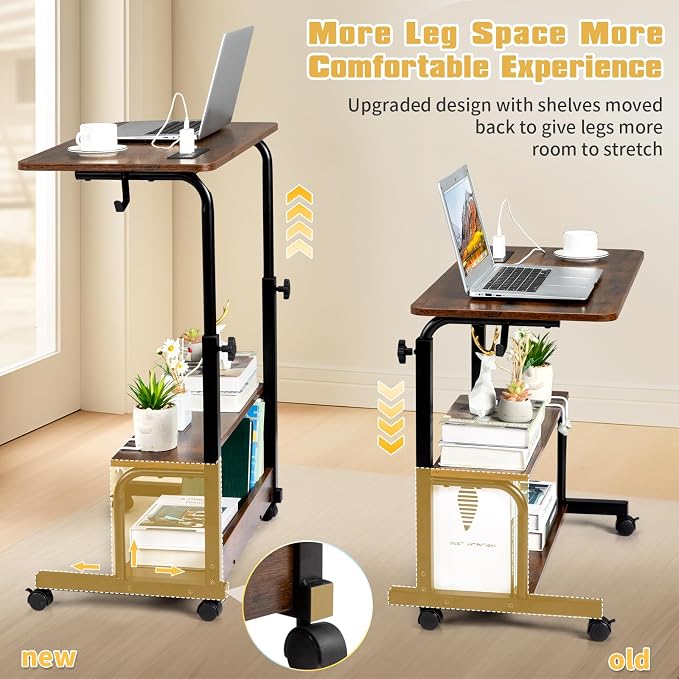Karl home 31.5" Portable Rolling Desk on Wheels,Height Adjustable Standing Desk with 2 AC Outlets/3 USB Ports,Mobile Laptop Table with Hooks and Storage Shelves for Home Office，Rustic Brown
