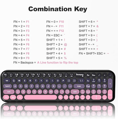 Wireless Keyboard and Mouse Combo, MOWUX Compact Typewriter Retro Round Computer Keyboard, Cute Optical Mouse Wireless, Plug and Play, for Laptop, PC, Computer- Plum Pink Gradient