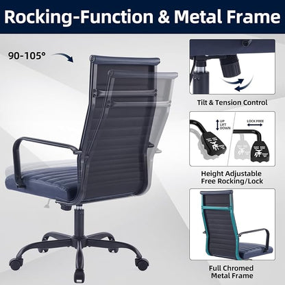 Office Chair, Ergonomic Executive Conference Room Chairs, Ribbed Leather Desk Chair with Lumbar Support, Adjustable Height Mid-Back Swivel Chair with Padded Seat