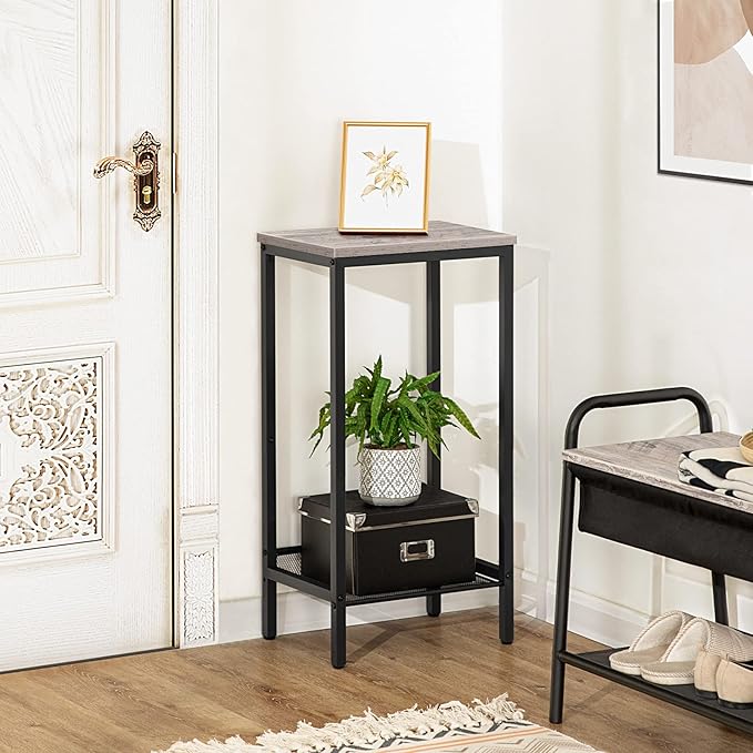 HOOBRO Tall Side Table, Industrial End Telephone Table with Adjustable Mesh Shelves, Small Tall Nightstand for Living Room, Bedroom, Entryway, Office, Greige BG03DH01