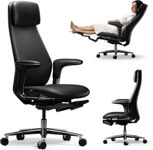 TOMU Executive Office Chair with Foot Rest, Top Grain Genuine Leather Office Chair, Ergonomic High Back Design. Real Leather, Wheels, Alumium Base. Padded Armrest, Luxury and Comfy (Black)