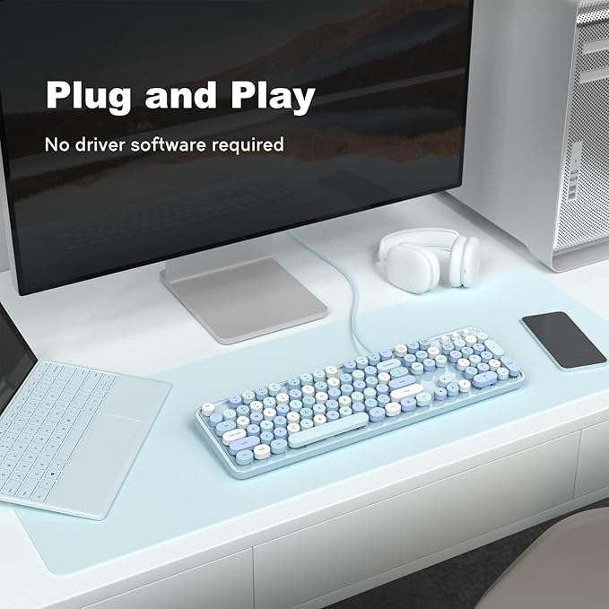 MOWUX Computer Keyboard Wired, Plug and Play USB Retro Round Typewriter Keyboard, Full Size Wired Keyboard with Foldable Stands for Laptop and Office PC- Blue Colorful