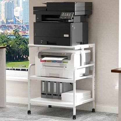 Arbuxzuy Large Printer Stand with Storage Shelf, 23.6" W x 18.9" D Printer Cart with Wheels, 3 Tier Mobile Printer Table for Home Office,Stands for Heat Press Scanner Fax (White)