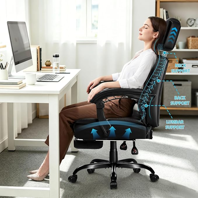 PRETZI Executive Office Chair 400LBS, Ergonomic Office Chair with Foot Rest, Heavy Duty Desk Chair for Home Office, Reclining High Back PU Leather Computer Chair Comfy, Black