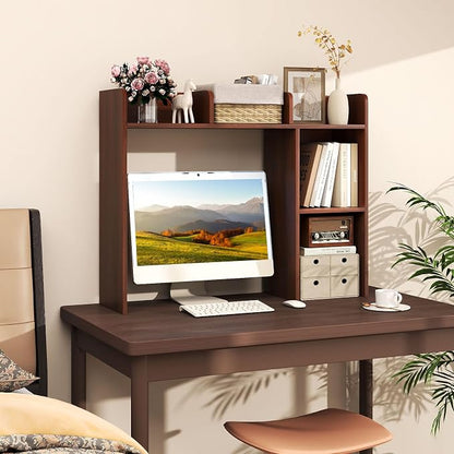 LDAILY Desktop Shelf, Multipurpose Wood Desk Hutch for Max 27" Computer Monitor, Countertop Storage Hutch with 5 Shelves, 3 Tier Desktop Display Rack for Dorm Office Home(Walnut)