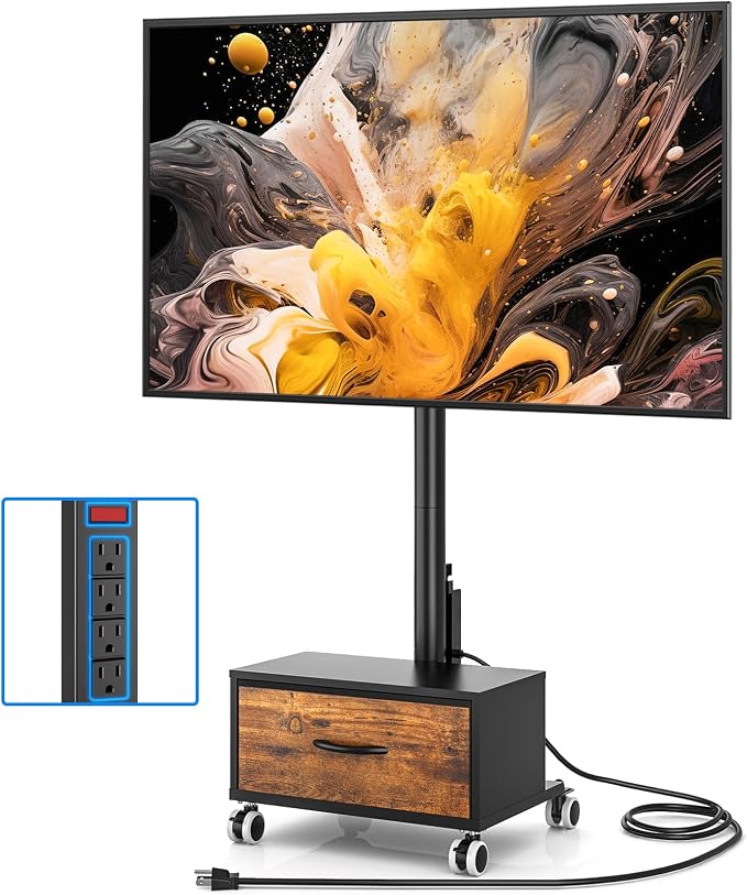 Rfiver Rolling TV Stand with Power Outlet and Drawer for 32-60 Inch TVs, Swivel Mobile TV Cart with Wheels, 6-Level Height Adjustable Floor TV Mount up to 88lbs, Max VESA 400x400mm