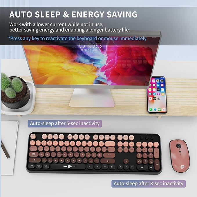 Wireless Keyboard and Mouse Combo, Retro Typewriter Style Keyboard with Round Keys, 2.4G Wireless Cute Keyboard and Mouse Set for PC, Laptop and Desktop-Black and Rose Gold