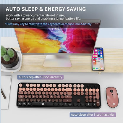 Wireless Keyboard and Mouse Combo, Retro Typewriter Style Keyboard with Round Keys, 2.4G Wireless Cute Keyboard and Mouse Set for PC, Laptop and Desktop-Black and Rose Gold