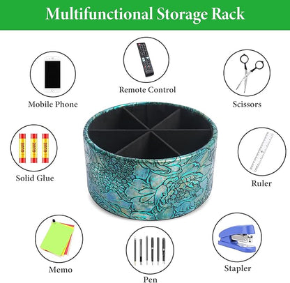 Remote Control Holder, 360°Spinning PU Leather Desk TV Remote Caddy,Desk Storage Box Room Accessories for Controller, Media,Mail,Calculator, Mobile Phone,Pencil(1B-Rich Flower Green)