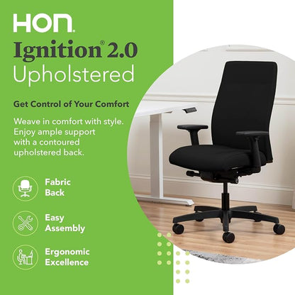 HON Ignition 2.0 Ergonomic Office Chair with Adjustable Arms, Advanced Synchro‑Tilt Recline, Upholstered Desk and Computer Chair for Home Office or Workstation, Black Frame, Black