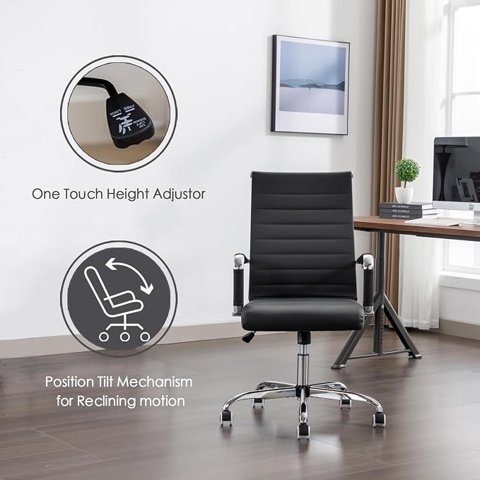 Office Desk Chair Leather, Conference Room Chairs with Wheels, Executive Modern Ergonomic Ribbed Computer Chair
