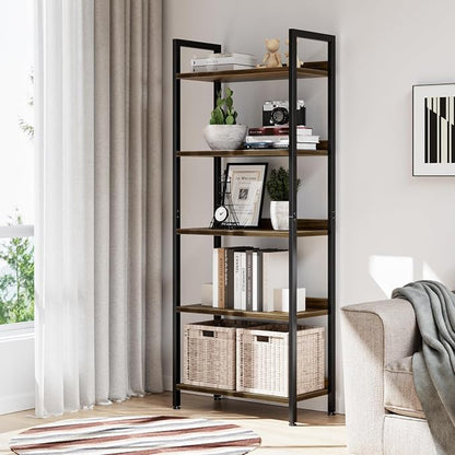 NUMENN Bookshelf, 5 Tier Bookshelves, Home Office Bookcase Shelf Storage Organizer, Free Standing Storage Shelving Unit for Bedroom, Living Room and Home Office, Dark Walnut