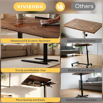 Overbed Table with Wheels, Height Adjustable Hospital Bed Table, Dual-Tiltable Rolling Laptop Desk for Bed, Hidden Casters H-Base Portable Side Table for Couch, Hospital & Home Office