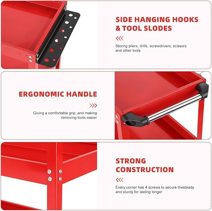 3-Tier Rolling Tool Cart, Heavy Duty Metal Utility Cart with Side Hooks and Handle, 330lbs Capacity Service Organizer for Garage Warehouse Workshop, 28x14x28 Inches, Red