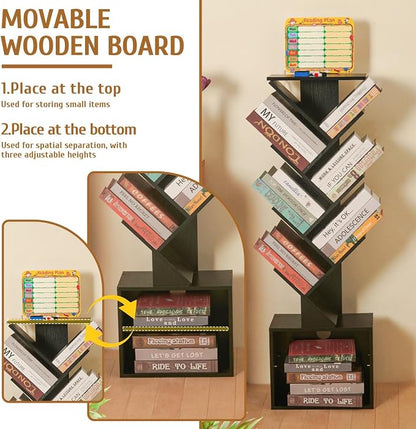 7 Tier Tree Book shelf, Small Bookcase with Reading Planner and Activity Panel, Modern Floor Standing Corner Tall Narrow Storage Cabinet Bookshelves for Home Office Bedroom Living Room (Black)