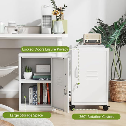pozdeg 24.4" H Metal Storage Locker with Wheels, Single Door Lockable Steel File Cabinet with Adjustable Shelf, Anti-Theft Locker for Home, Office, School, Gym Organizer, White