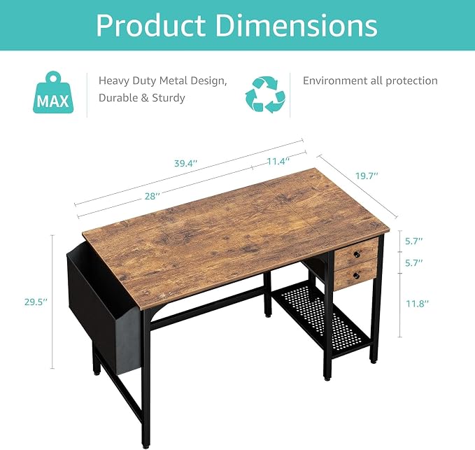 Lufeiya Computer Desk with Drawers - 40 Inch Work Reversible Small Desk for Bedroom Home Office, Simple Study Writing Table PC Desks with Drawer Storage Shelves, Rustic Brown